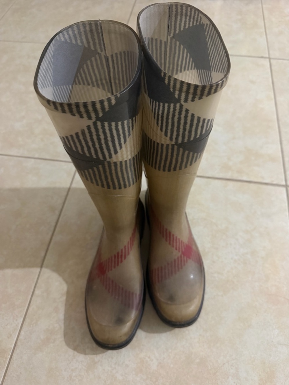 Burberry Beige Tan and Black Plaid Rubber Rain Boots with Red Accent